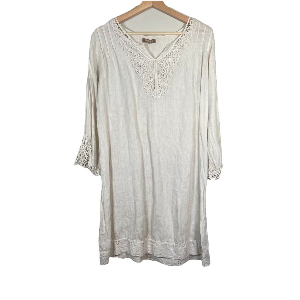 Carla Conti Linen Dress Women’s S Made in Italy Beige Lace Y2K Beach Lagenlook